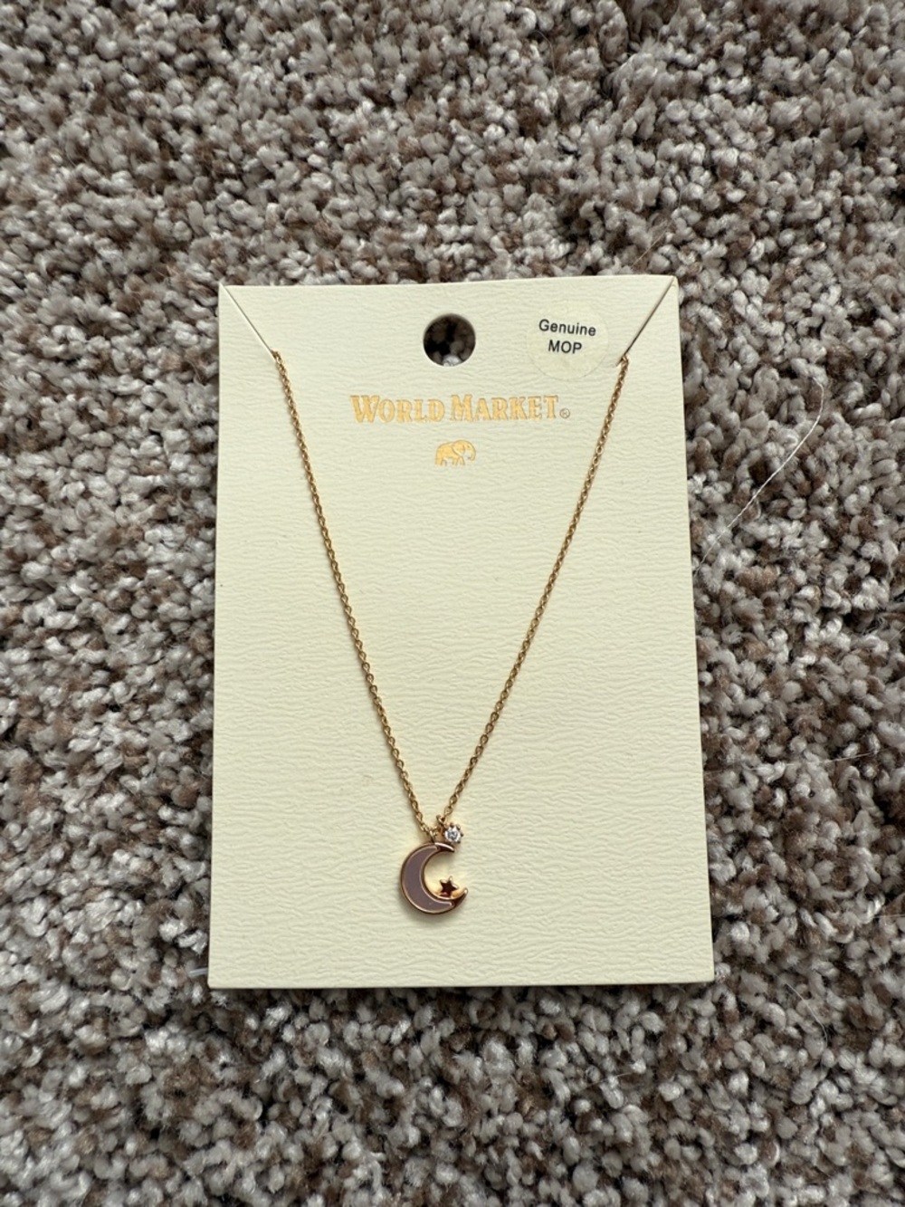 NWT -  World Market Gold Crescent Moon Pendant Necklace with White Inlay